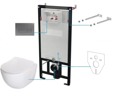 Deante Peonia 6 az 1-ben falsík alatti Rimless WC szett fehér, titánium nyomólappal CDET6ZPW