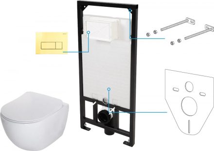 Deante Peonia 6 az 1-ben falsík alatti WC szett fehér perem nélküli csészével, arany nyomólappal CDEZ6ZPW