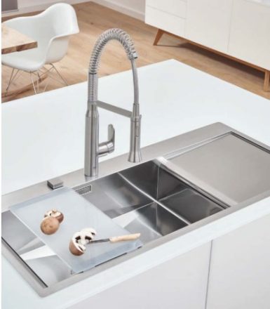 Grohe K1000 Rozsdamentes acél mosogatótálca 1160x520 csepegtetővel, balos/szatén 31581SD1