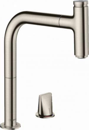 Hansgrohe Metris Select M71 2-lyukú rozsdamentes acél hatású konyhai csaptelep, kihúzható kifolyóval 73804800