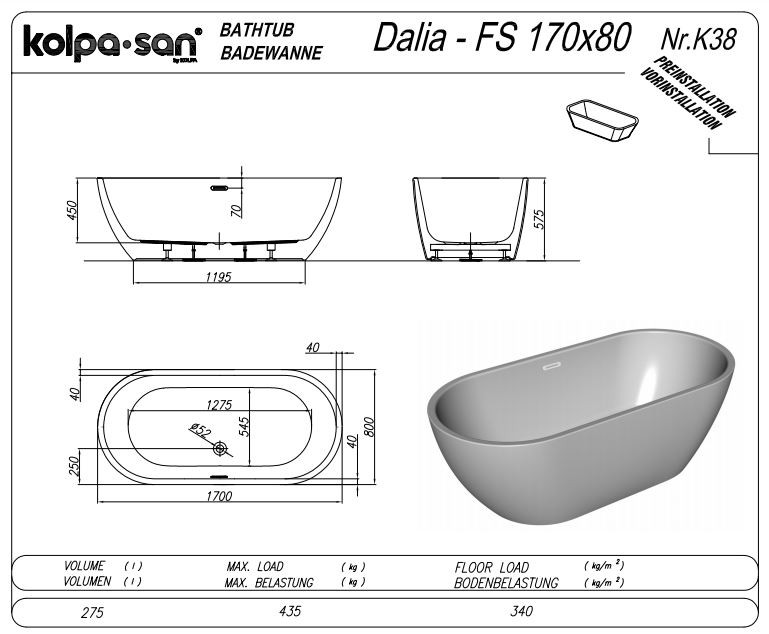 Kolpa San Dalia-FS 170x80 Fehér akril fürdőkád 561140 - Fürd