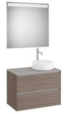 Roca Ona 2 fiókos mosdószekrény 79,4x45,7x58,3 cm és tükör LED világítással, jobbos / sötét szil A851715511